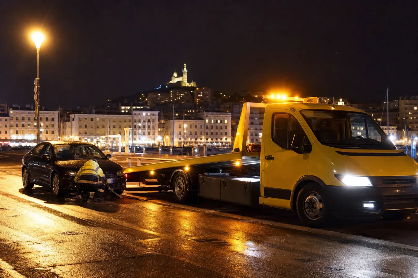 Dépanneuse en intervention nocturne pour un remorquage à Marseille